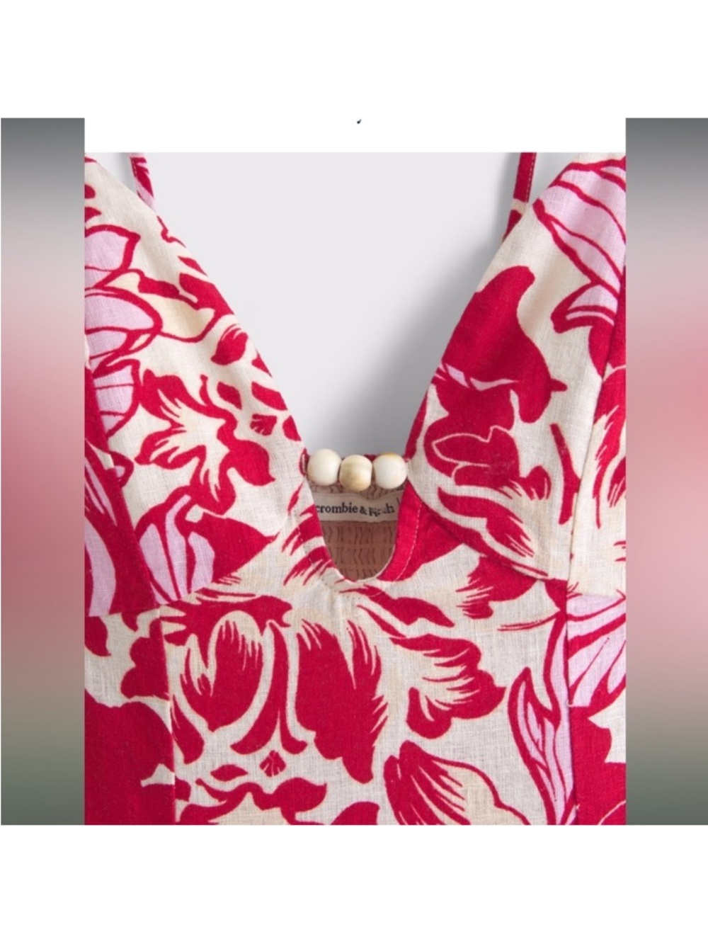 Abercrombie & Fitch Beaded Flowy Floral Red Pink Midi Dress Linen Blend Size XL - Picture 4 of 13